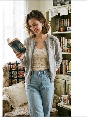 VTG Y2K David Brooks Lambswool Angora Embroidered Cardigan Sweater Grey Medium⁠